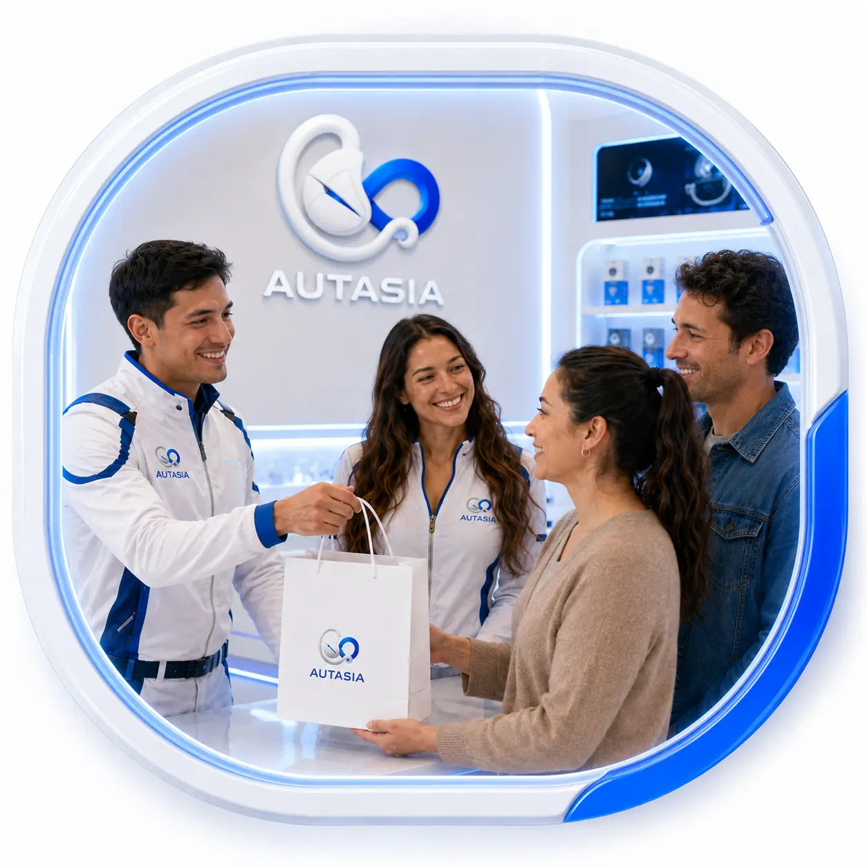Equipo Autasia entregando una bolsa de compra a clientes