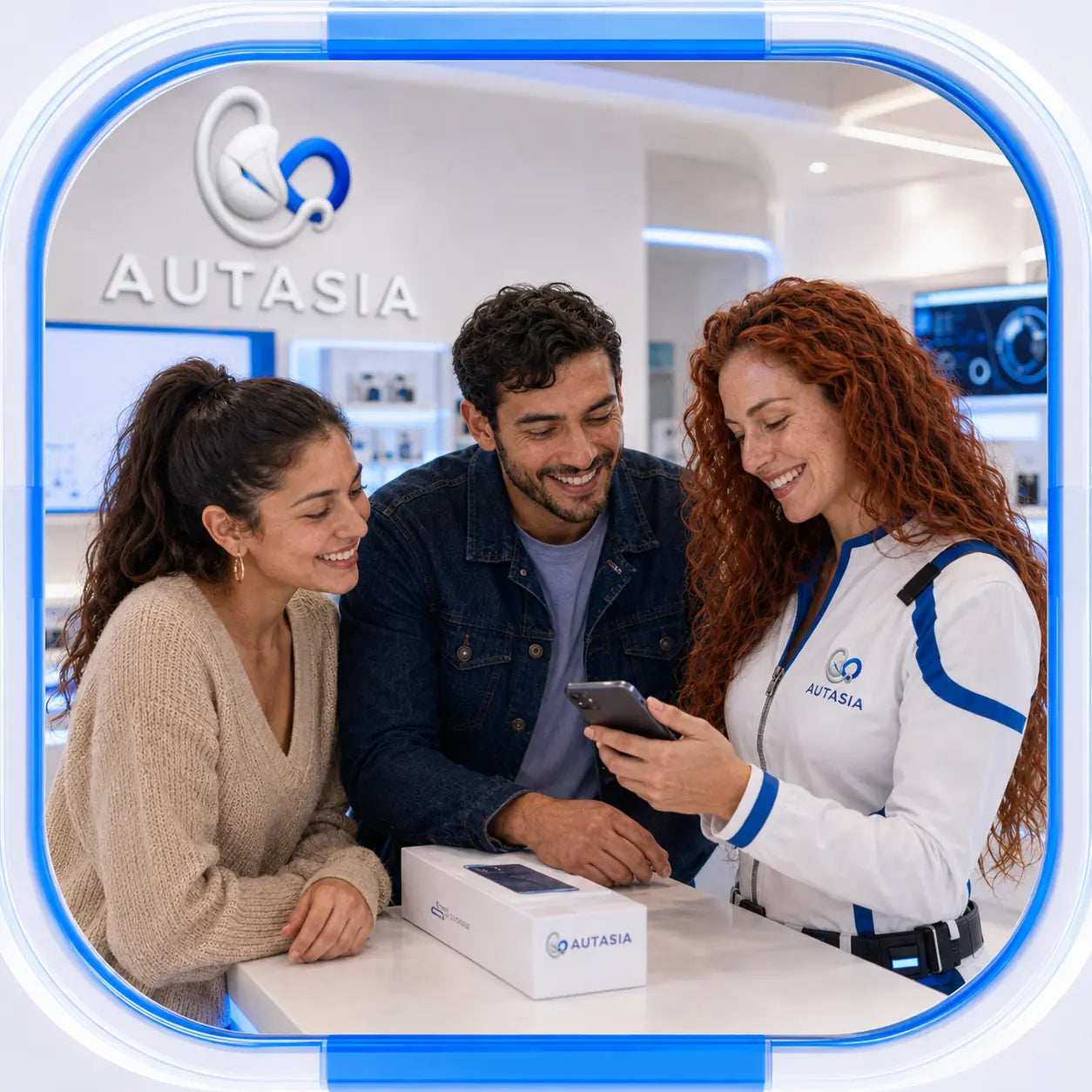 Asesora Autasia mostrando un producto en el celular a clientes