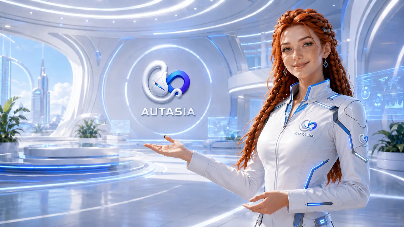 Universo visual de Autasia en un entorno futurista corporativo