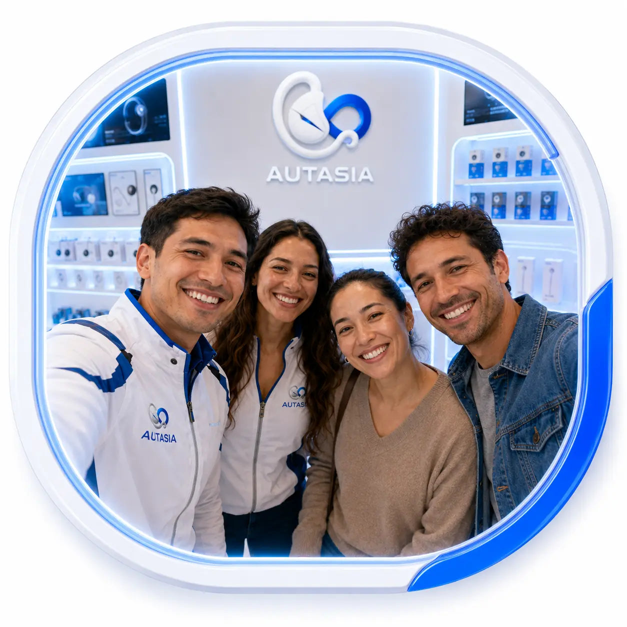 Clientes y equipo Autasia compartiendo una selfie en la tienda